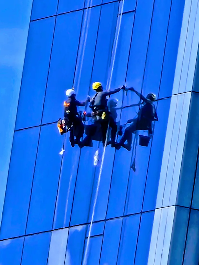 Façade cleaning by rope access.
