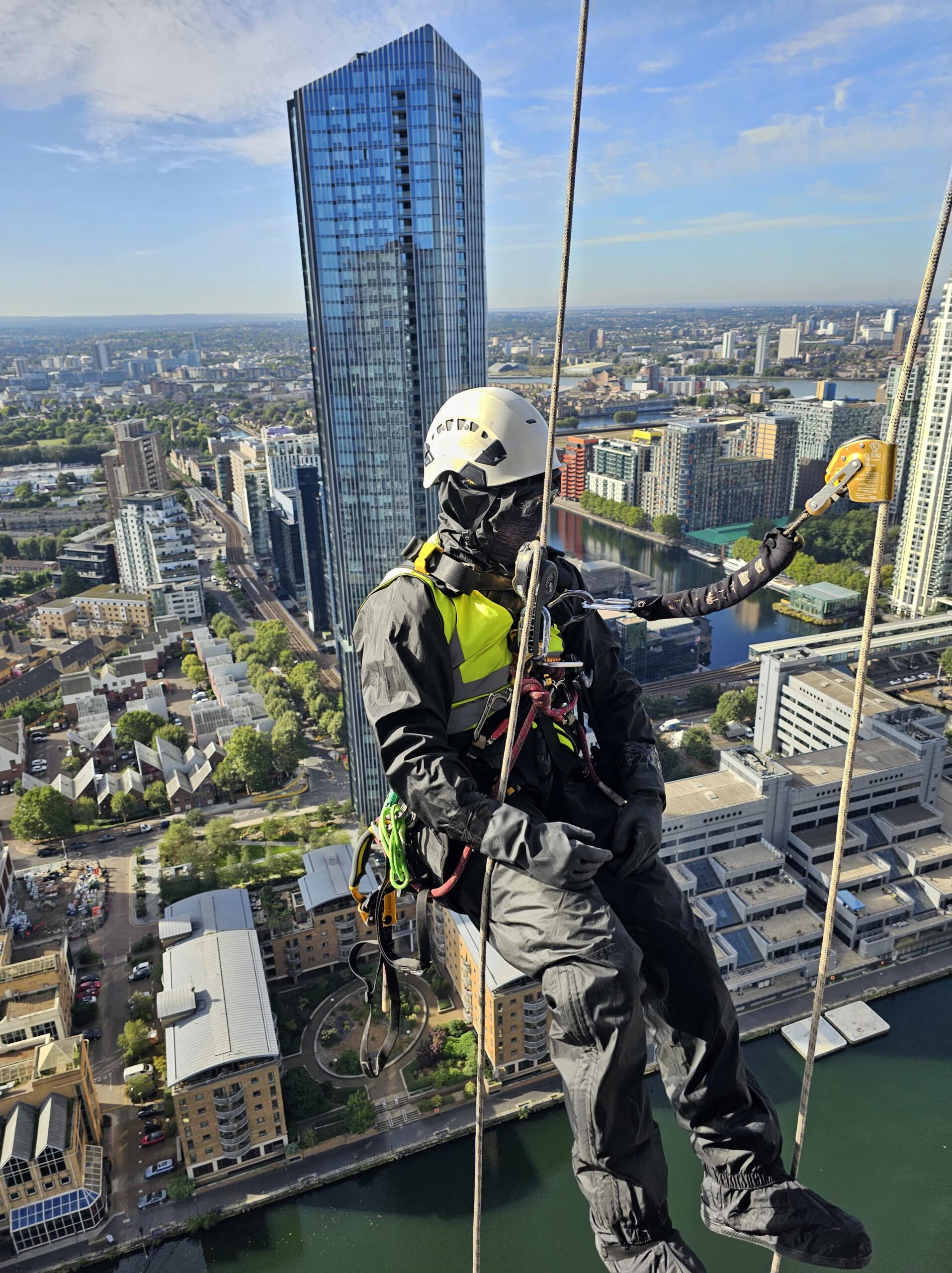 High-rise façade access works carried out using IRATA-certified rope access on a commercial tower in London.